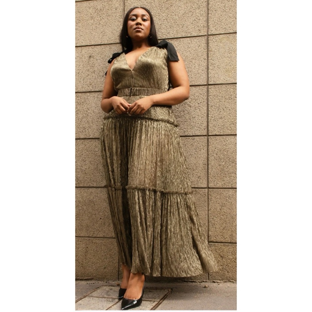 Sabina Musayev XL Ray Bow Maxi Dress Gold V Neck Tiered Disco Glam Party Evening - Picture 7 of 7
